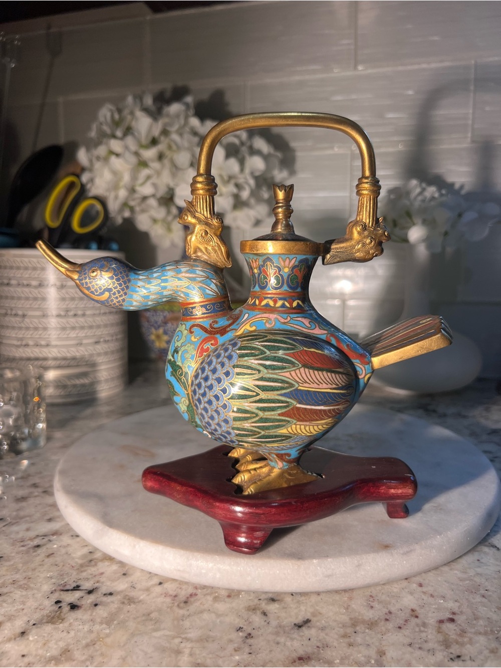 Hand-Painted Cloisonné Peacock Teapot - Rare